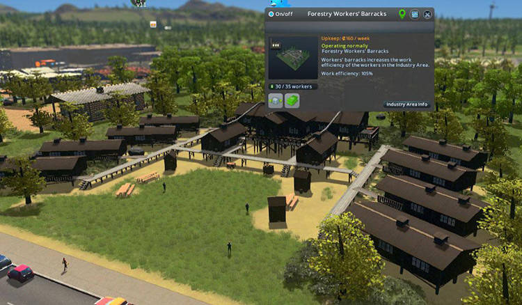 Each forestry workers’ barracks increases productivity in the area. / Cities: Skylines