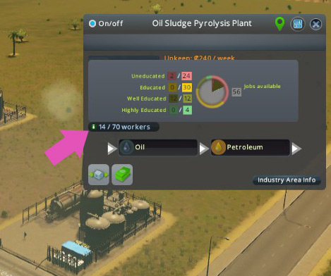 To see the education level of workers needed to fill jobs in each building, click on the building then mouse over the tiny ‘i’ icon. / Cities: Skylines