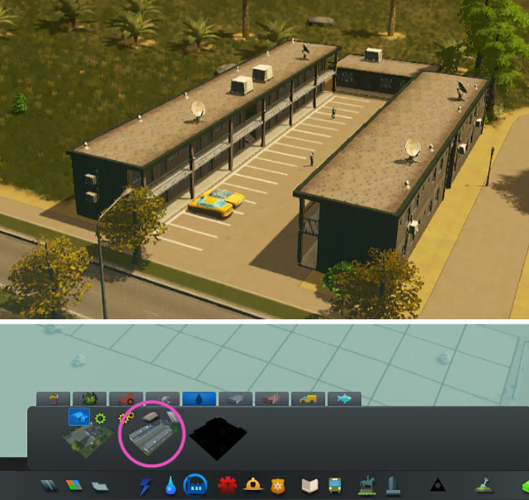 You’ll find the oil industry workers’ barracks beside the main building on the menu. / Cities: Skylines