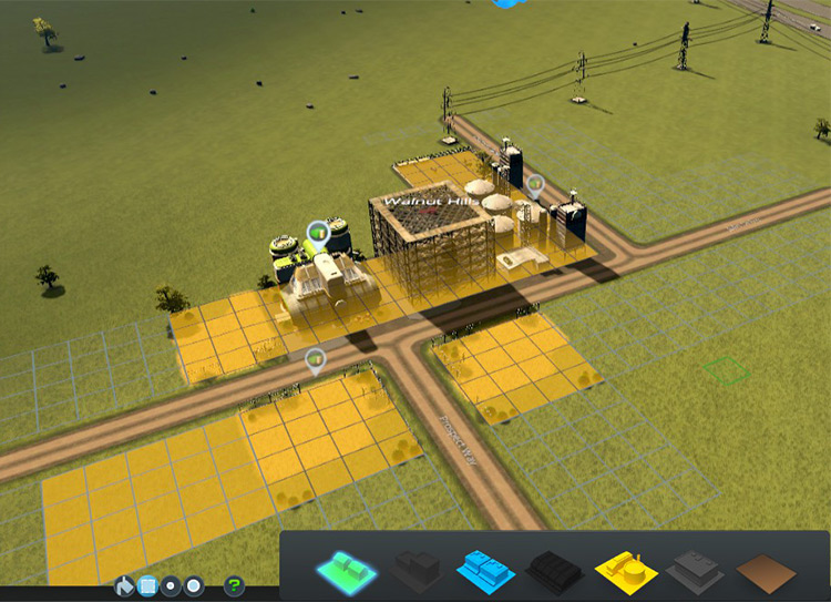 These zoned farming industry buildings will extract resources from the land. / Cities: Skylines