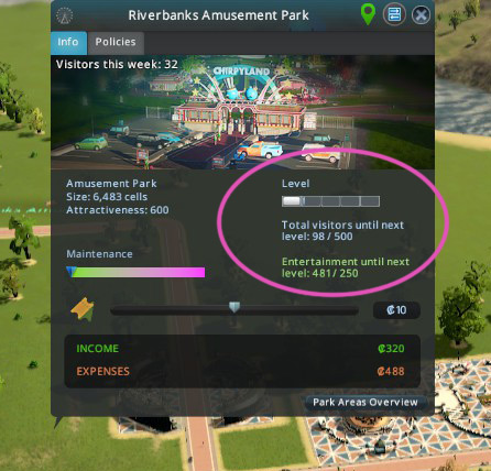 Click the name of your park on the map to bring up this info panel, where you can see what you need in order to reach the next level / Cities: Skylines