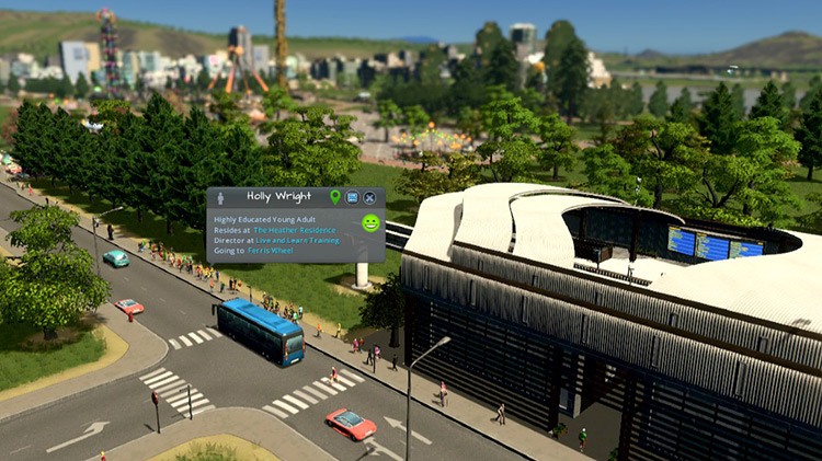 A citizen taking a short walk from the monorail station to the amusement park / Cities: Skylines