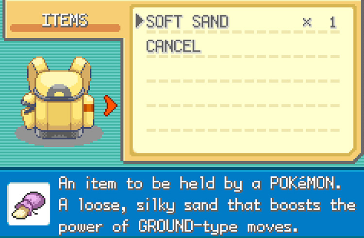 Checking the Summary of Soft Sand in the ITEMS pocket / Pokémon FRLG