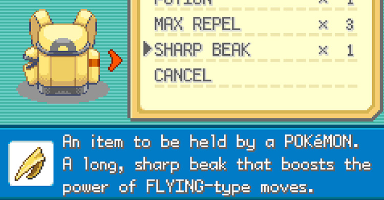 Checking Sharp Beak’s description in the Item Pouch of the Bag / Pokémon FRLG
