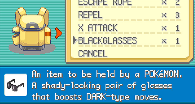 Pokémon FireRed and LeafGreen’s description of the Black Glasses / Pokemon FRLG