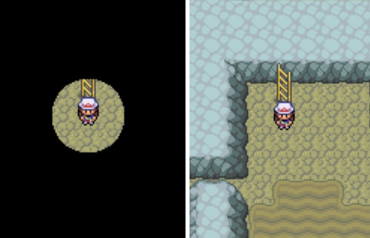 Not using Flash (left) VS using Flash (right) in Rock Tunnel / Pokémon FireRed and LeafGreen