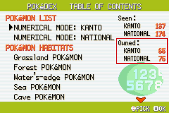 The number of Pokémon owned should be 10 or above / Pokémon FireRed and LeafGreen
