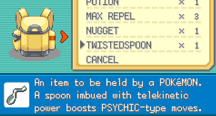 Checking the description of Twisted Spoon inside the Bag / Pokémon FireRed & LeafGreen