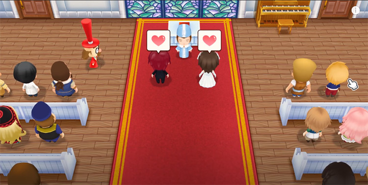 The farmer marries Brandon at the Church with all the villagers in  / SoS: FoMT