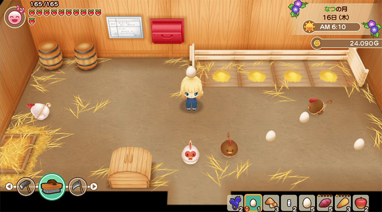 The farmer holds up an egg in the Coop / SoS: FoMT