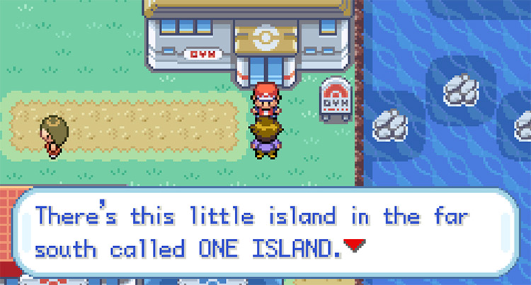 Celio inviting us to One Island after defeating Blaine on Cinnabar Island / Pokémon FRLG