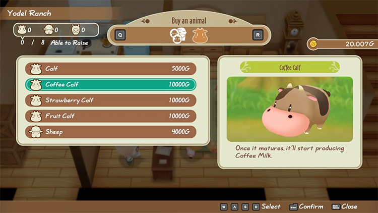 The shop menu at Yodel Ranch with the coffee cow selected, priced at 10,000 G / SoS: FoMT