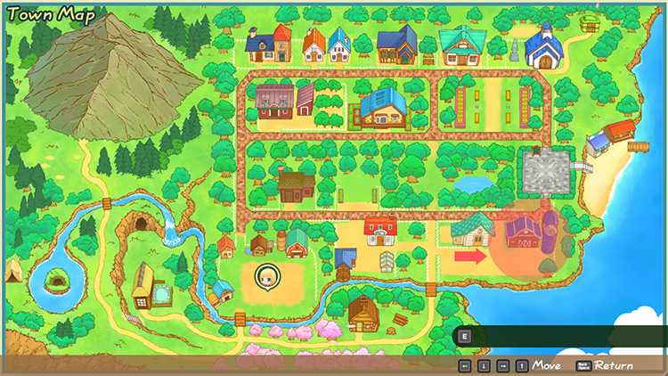 Map of Mineral Town with Yodel Ranch encircled / SoS: FoMT
