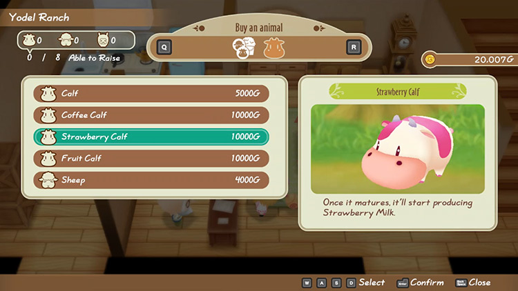The shop menu at Yodel Ranch with the strawberry cow selected, priced at 10,000 G / SoS: FoMT