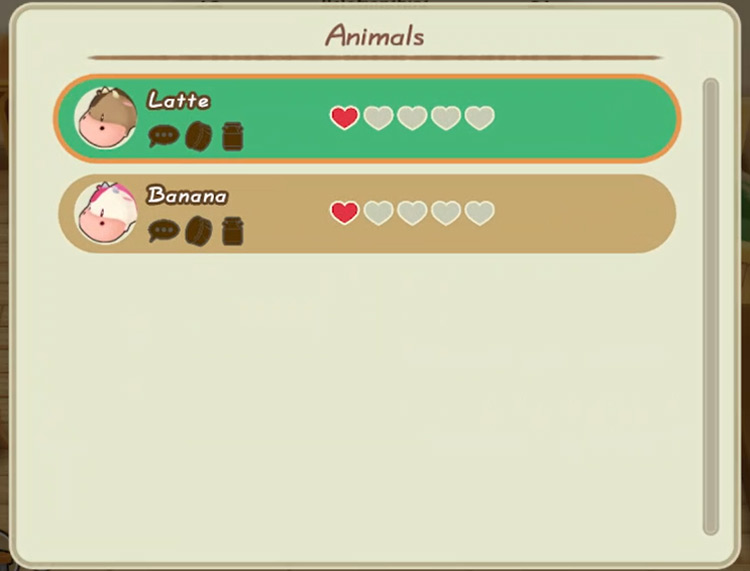 Interface of the animal relationship tab where you can check your cow’s heart level / SoS: FoMT