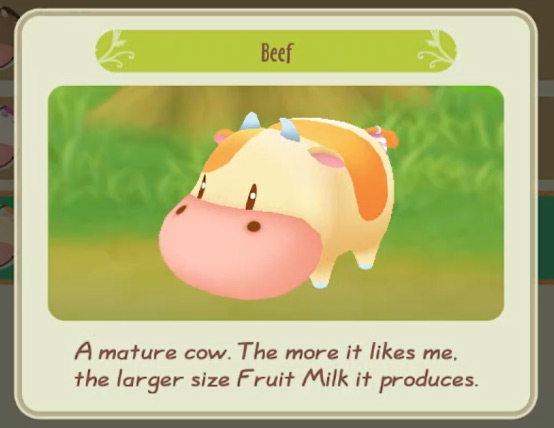 The character description of a fruit cow, accessed from the Animal Relationships menu / SoS:FoMT