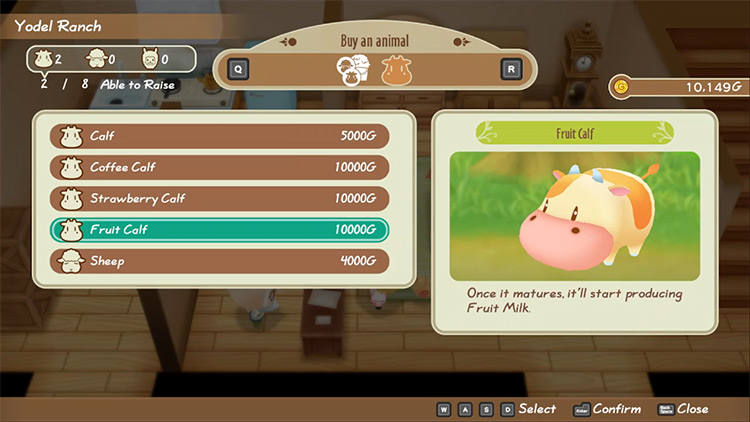 The shop menu at Yodel Ranch with the fruit cow selected, priced at 10,000 G. / SoS:FoMT