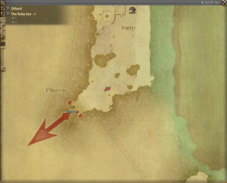 Soroban’s map location near the coastline of The Ruby Sea / FFXIV