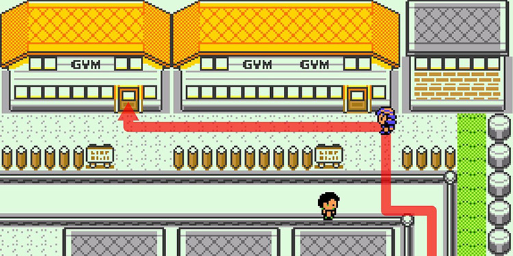Approaching the Fighting Dojo left of the Gym at Saffron City. / Pokémon Crystal