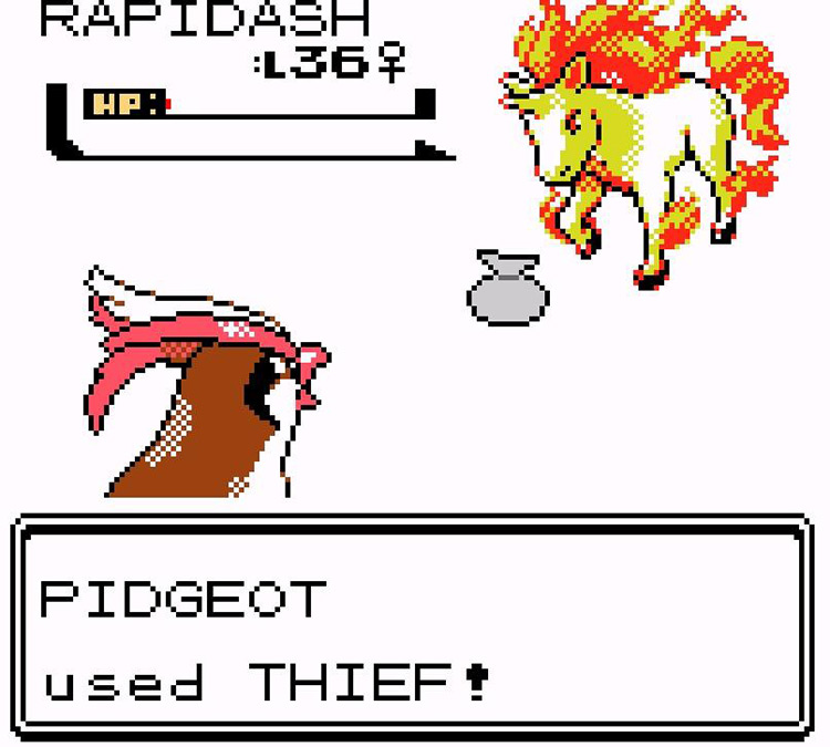 Pidgeot uses Thief against Rapidash. / Pokémon Crystal