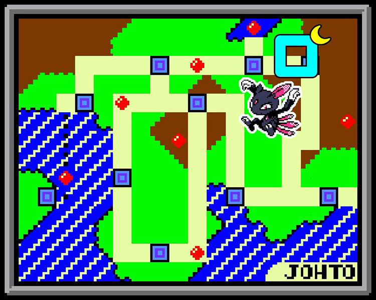 Sneasel’s habitat (Ice Path) on the Johto region map. / Pokémon Crystal