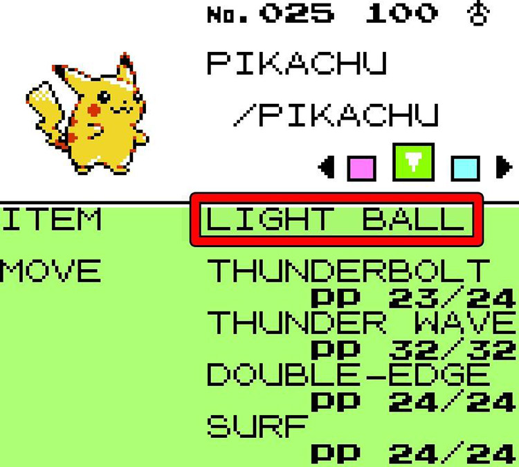 Pikachu holding the Light Ball. / Pokémon Crystal