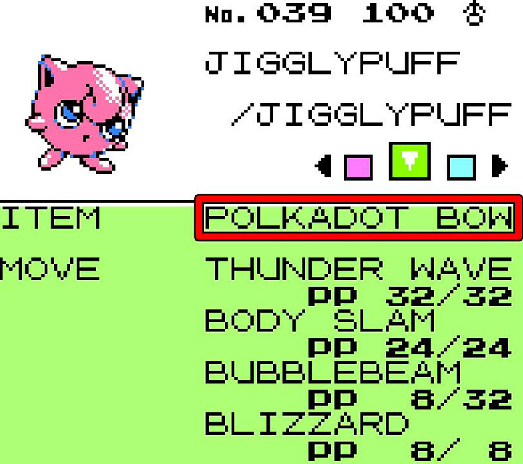 Jigglypuff holding the Polkadot Bow. / Pokémon Crystal