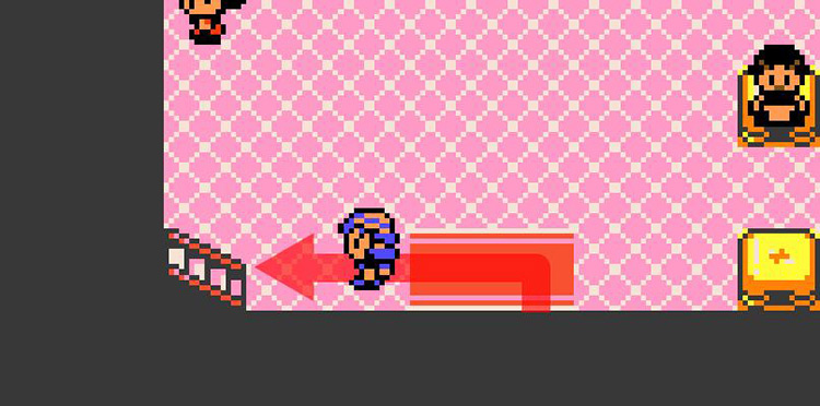 Facing the stairs leading up to the second floor (2F) of the Pokémon Center. / Pokémon Crystal