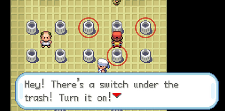 The second switch will be in one of the circled trash cans. It is always in a trash can next to the first switch, which is randomly placed. / Pokémon FireRed and LeafGreen