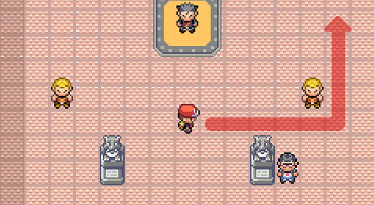 Start by walking to the right and heading around the first trainer in the Gym. / Pokémon FireRed and LeafGreen