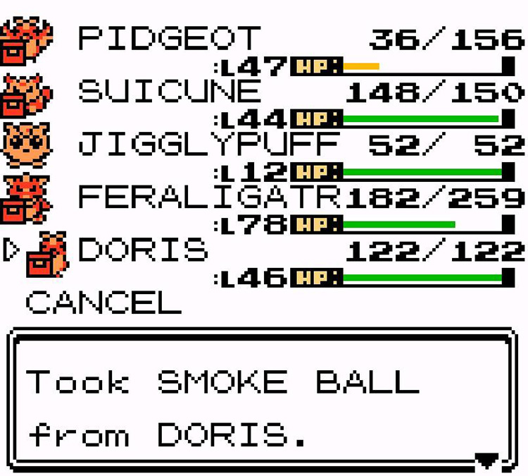 Taking the Smoke Ball from Doris the Dodrio. / Pokémon Crystal