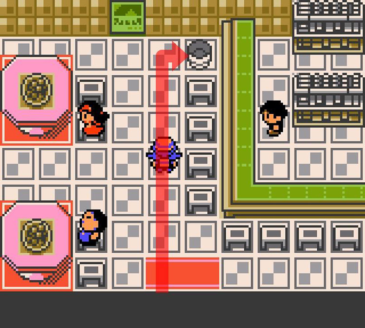 Approaching the trashcan in the Celadon Restaurant. / Pokémon Crystal