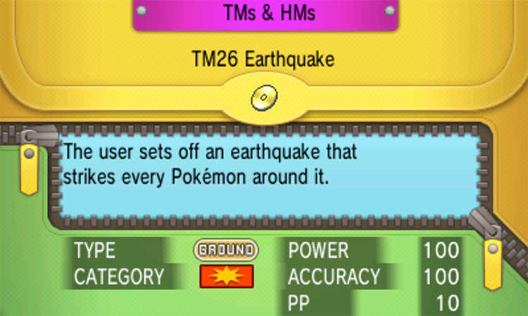 In-game details for TM26 Earthquake / Pokémon Omega Ruby and Alpha Sapphire