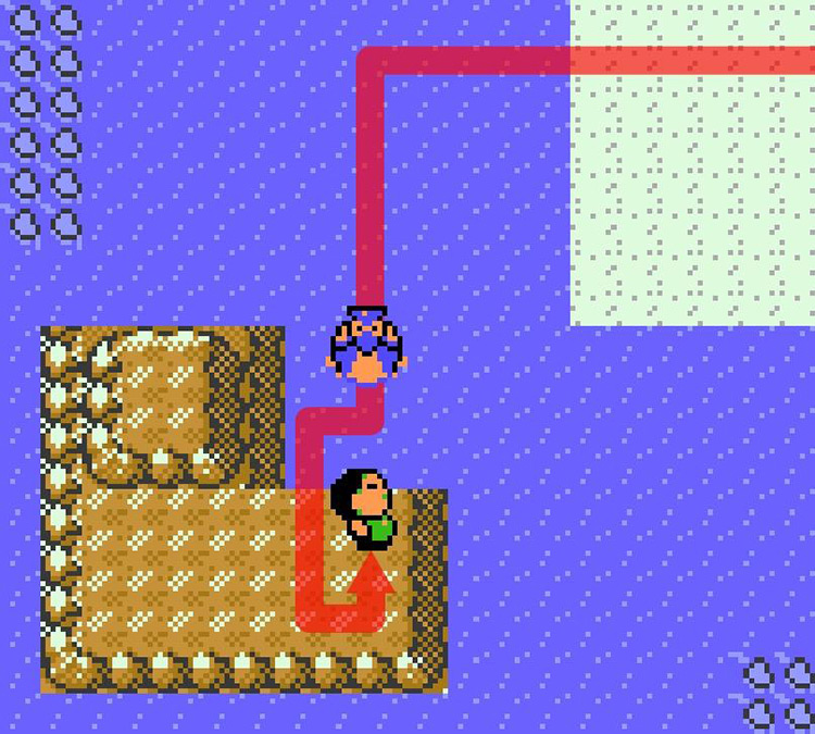 Approaching a lone NPC on a rock in the water west of Cherrygrove City. / Pokémon Crystal