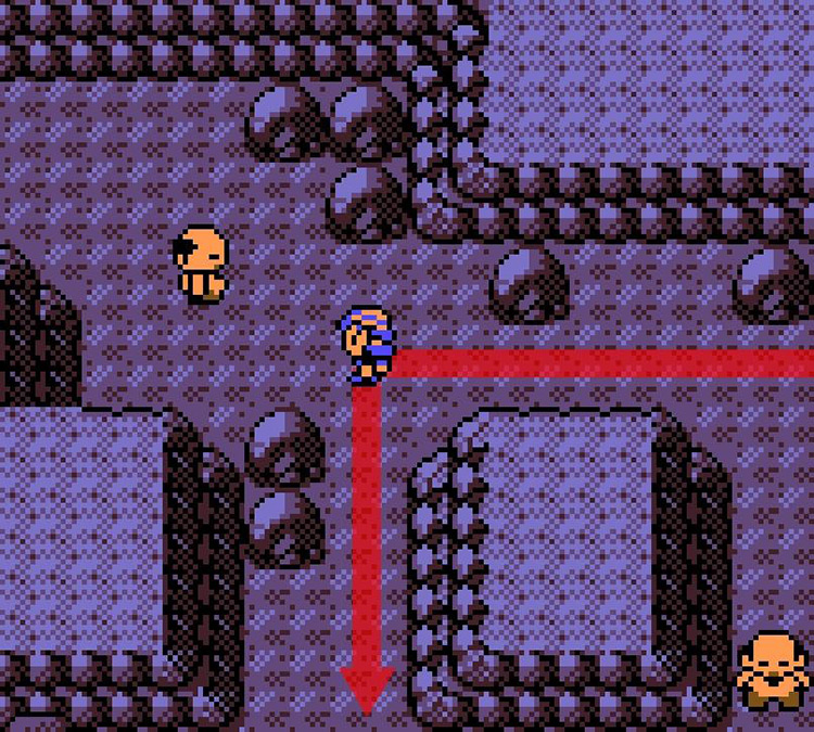 Heading south at the fork in the Union Cave Basement’s northwestern area. / Pokémon Crystal