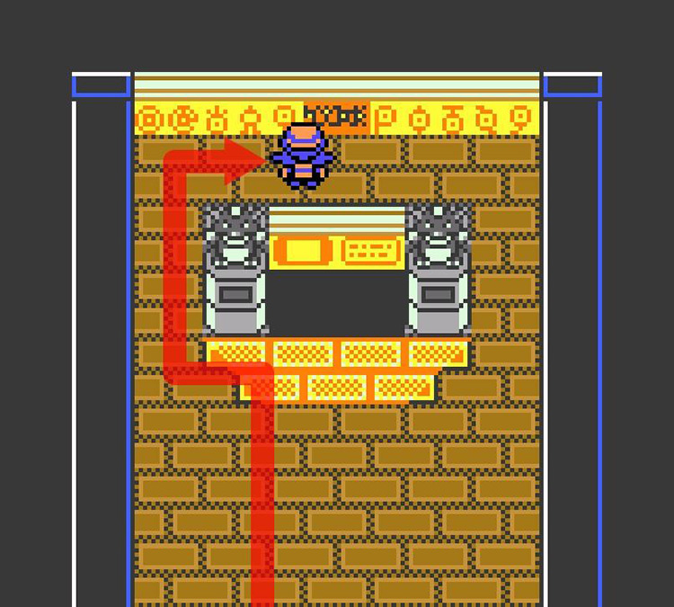 Facing the wall at the back of the bottom-left puzzle chamber (Ruins of Alph). / Pokémon Crystal