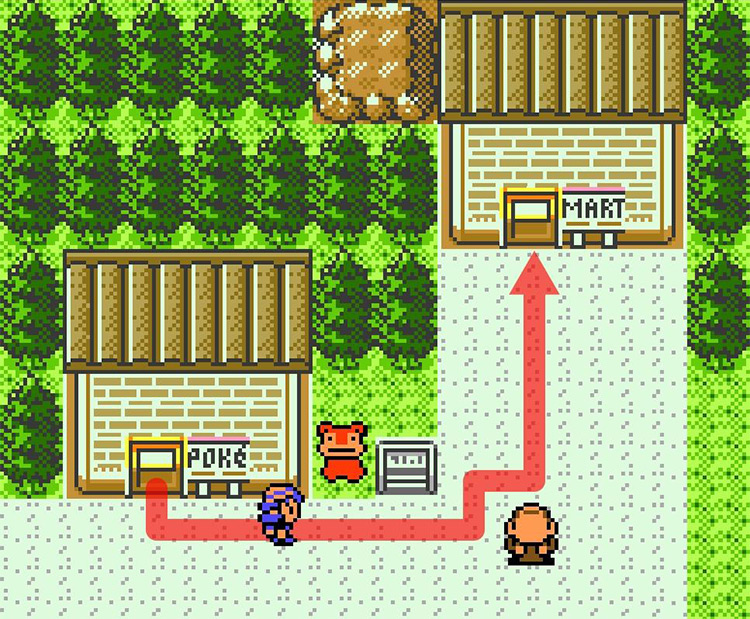 Going from the Pokémon Center to the PokéMart in Azalea Town. / Pokémon Crystal