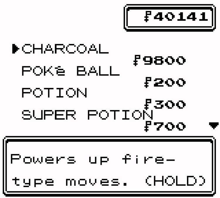 Charcoal at the Azalea Town PokéMart. / Pokémon Crystal
