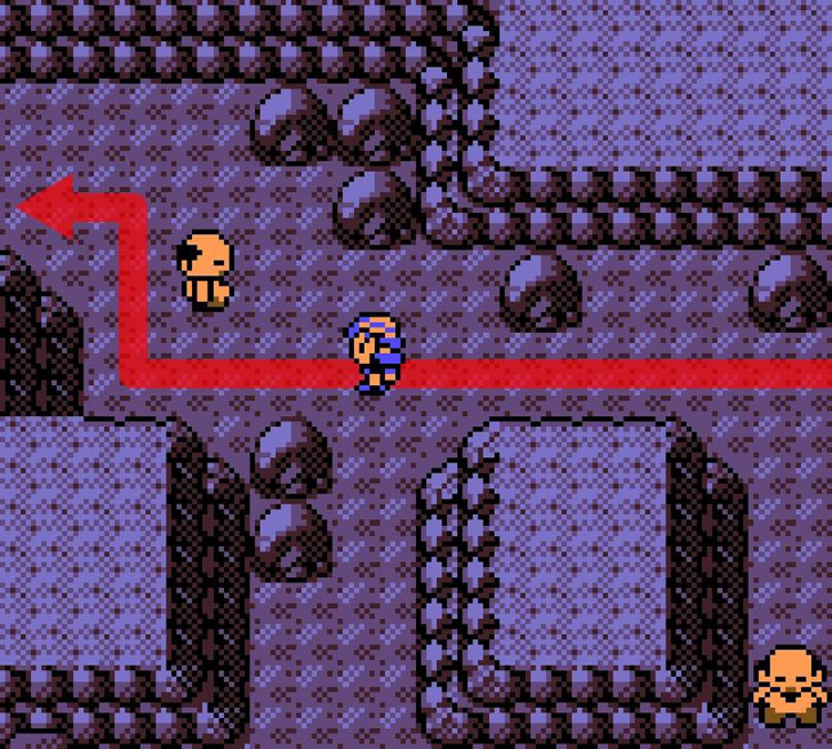 Heading north at the fork in the Union Cave Basement’s northwestern area. / Pokémon Crystal