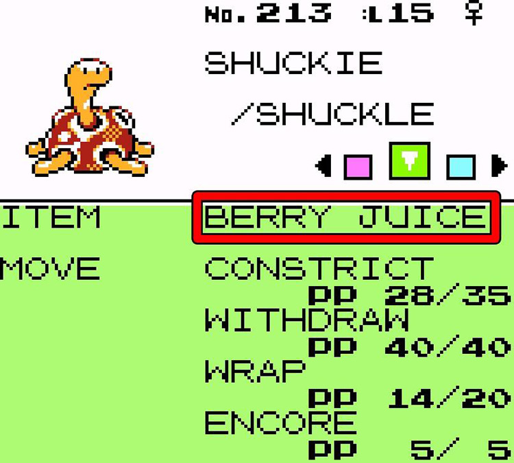 Shuckle holding Berry Juice. / Pokémon Crystal