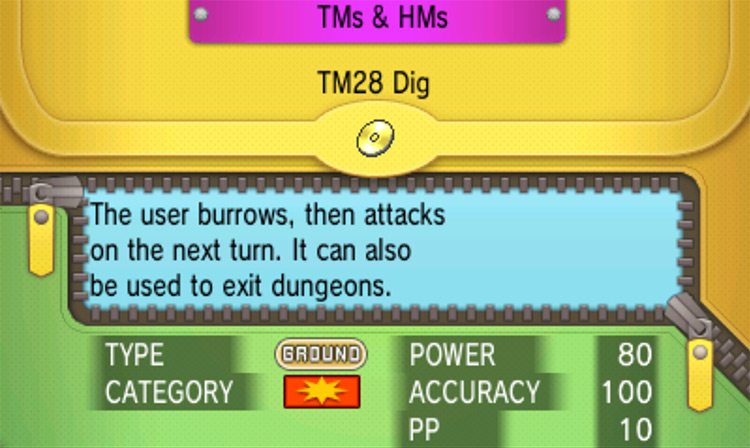 In-game details for TM28 Dig / Pokémon Omega Ruby and Alpha Sapphire