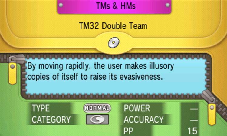 In-game details for TM32 Double Team / Pokémon Omega Ruby and Alpha Sapphire