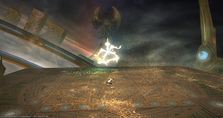 Sophia’s scale tilting toward the left and a player sliding through the arena / FFXIV