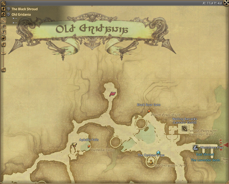 Ursandel’s map location in Old Gridania / Final Fantasy XIV