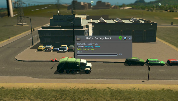Biofuel garbage trucks from the Recycling Center. These function the same way as regular garbage trucks. / Cities: Skylines