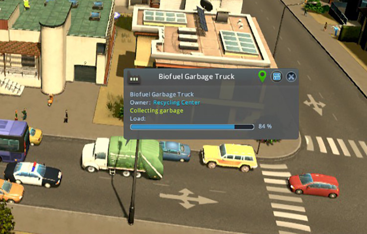 A biofuel garbage truck that is almost full. / Cities: Skylines