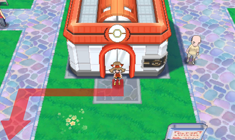 In front of Slateport City’s Pokémon Center / Pokémon Omega Ruby and Alpha Sapphire