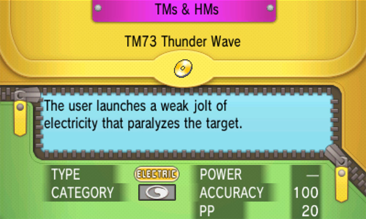 In-game details for TM73 Thunder Wave / Pokémon Omega Ruby and Alpha Sapphire