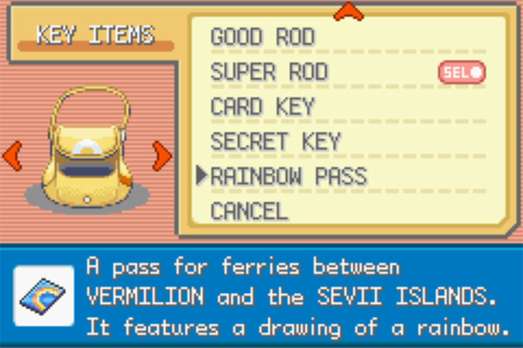 The Rainbow Pass in the Key Items pocket of the Bag / Pokemon FRLG