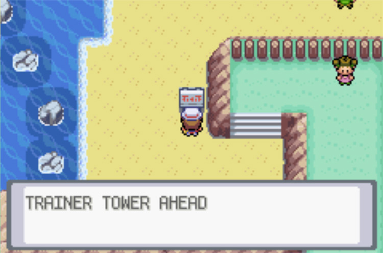 The route signpost for the Trainer Tower on the Seven Island mainland / Pokemon FRLG